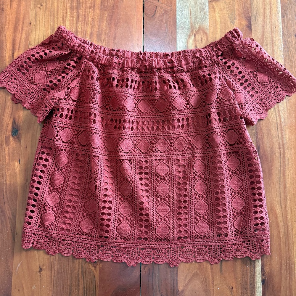 Anthropologie Sunday in Brooklyn Brick Red Lace Off-Shoulder Blouse - Picture 6 of 10